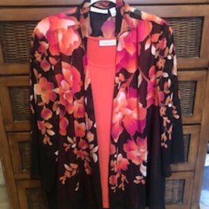 Set of Two Susan Graver Chiffon Printed Topper and Liquid Knit Tank - Coral -XL